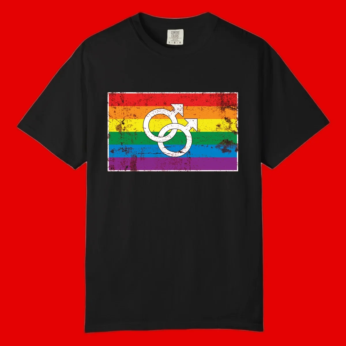 Two interlocking white male symbols overlaid on a distressed rainbow pride flag with horizontal stripes