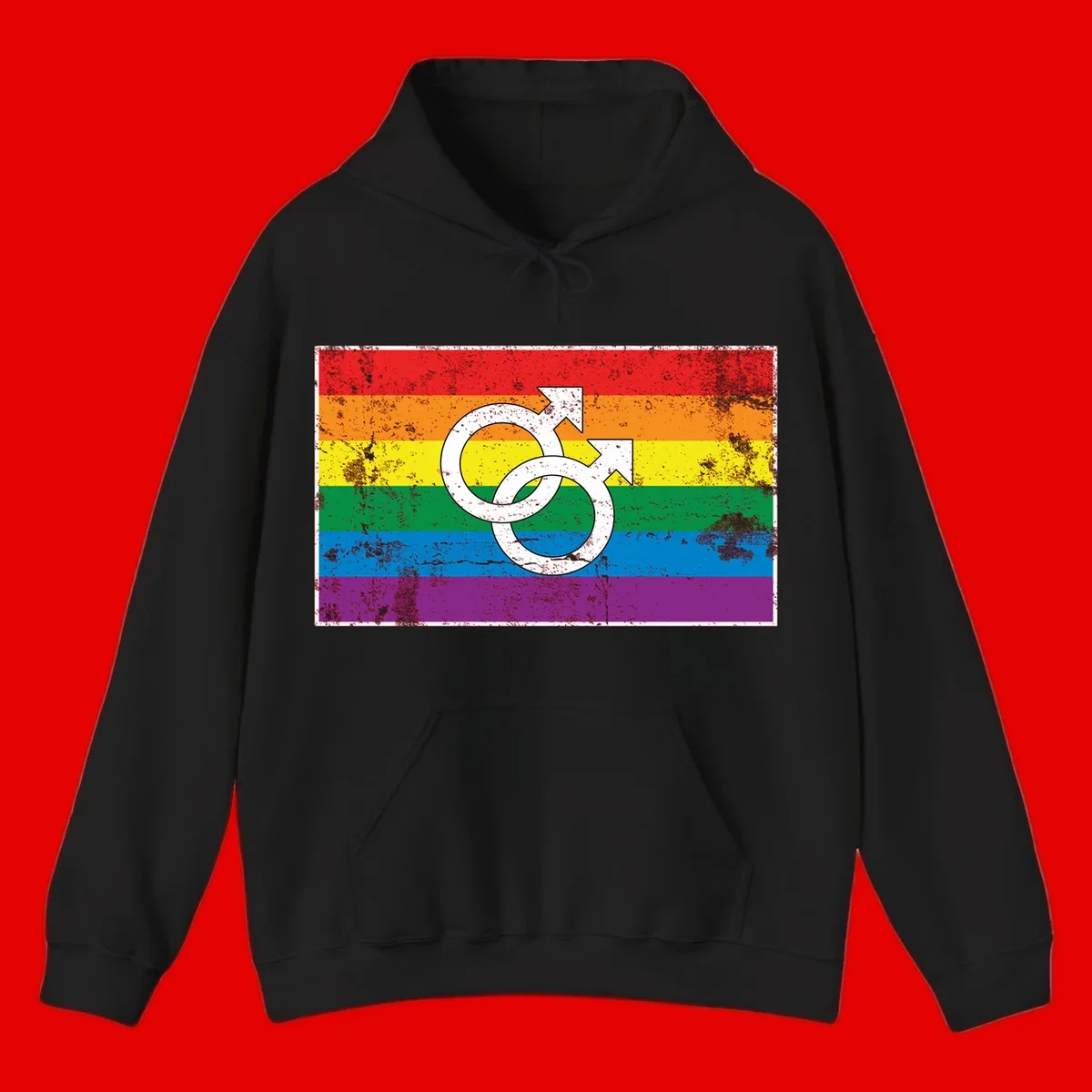 Two interlocking white male symbols overlaid on a distressed rainbow pride flag with horizontal stripes