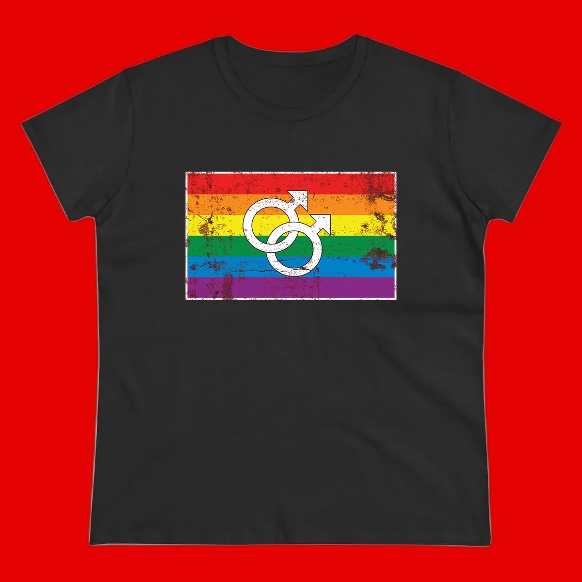Two interlocking white male symbols overlaid on a distressed rainbow pride flag with horizontal stripes