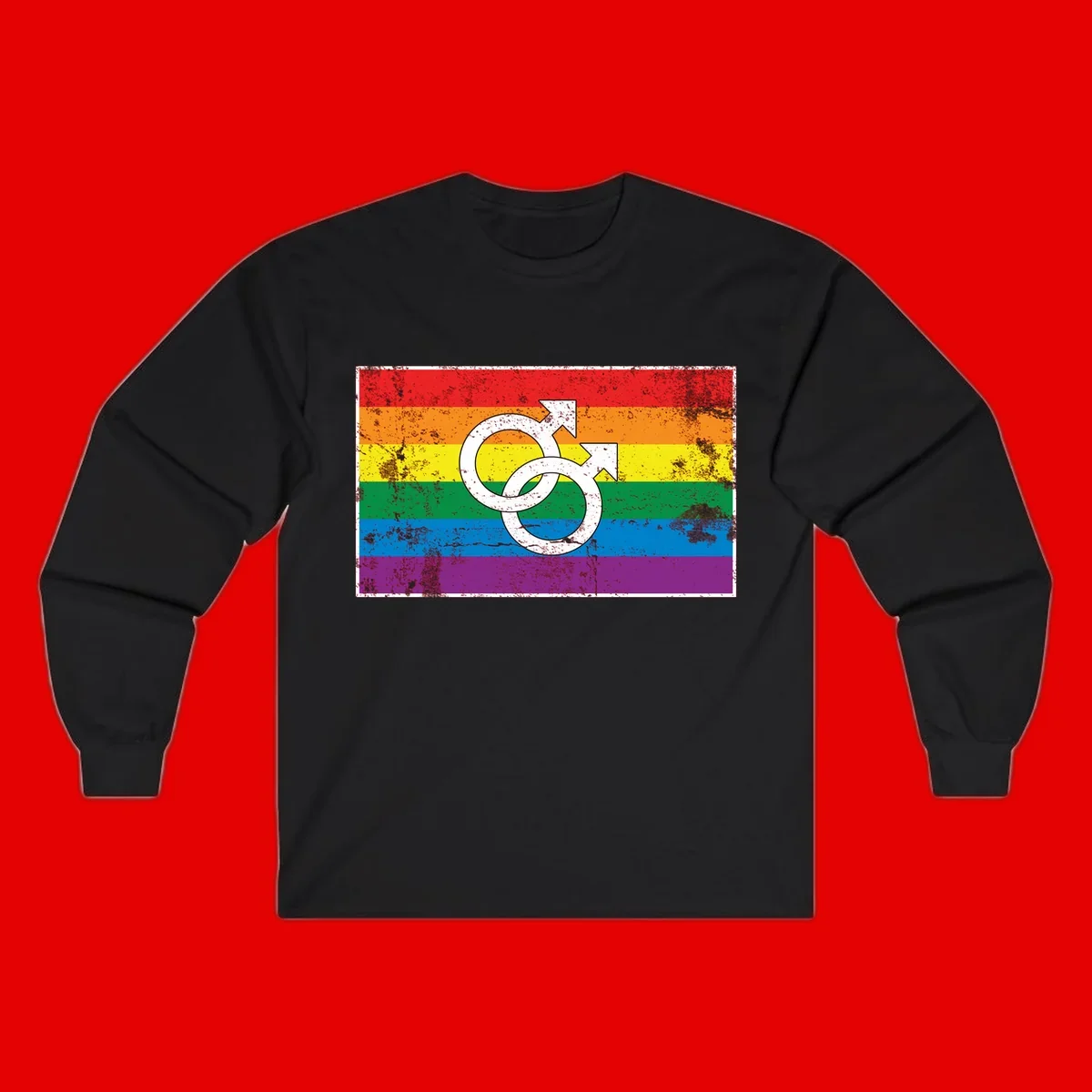 Two interlocking white male symbols overlaid on a distressed rainbow pride flag with horizontal stripes