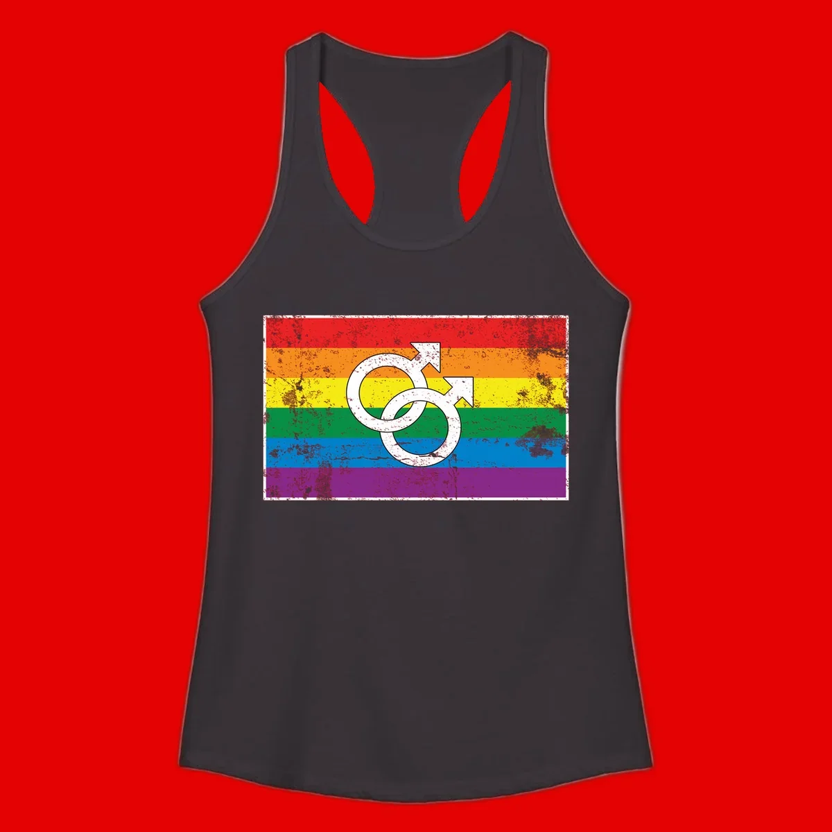 Two interlocking white male symbols overlaid on a distressed rainbow pride flag with horizontal stripes