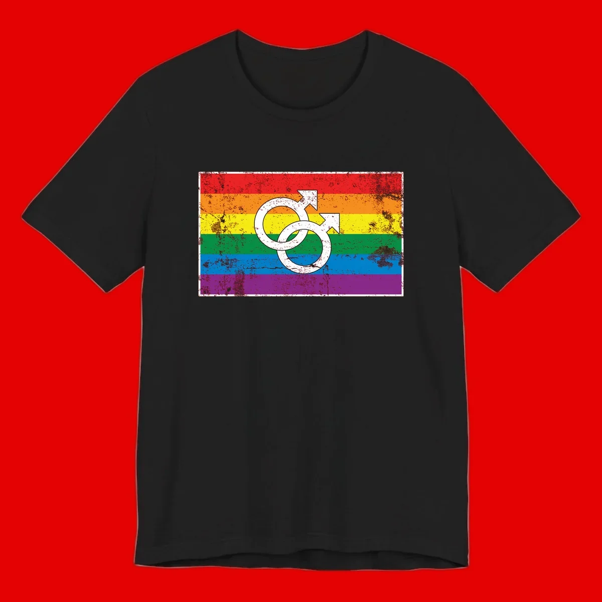 Two interlocking white male symbols overlaid on a distressed rainbow pride flag with horizontal stripes