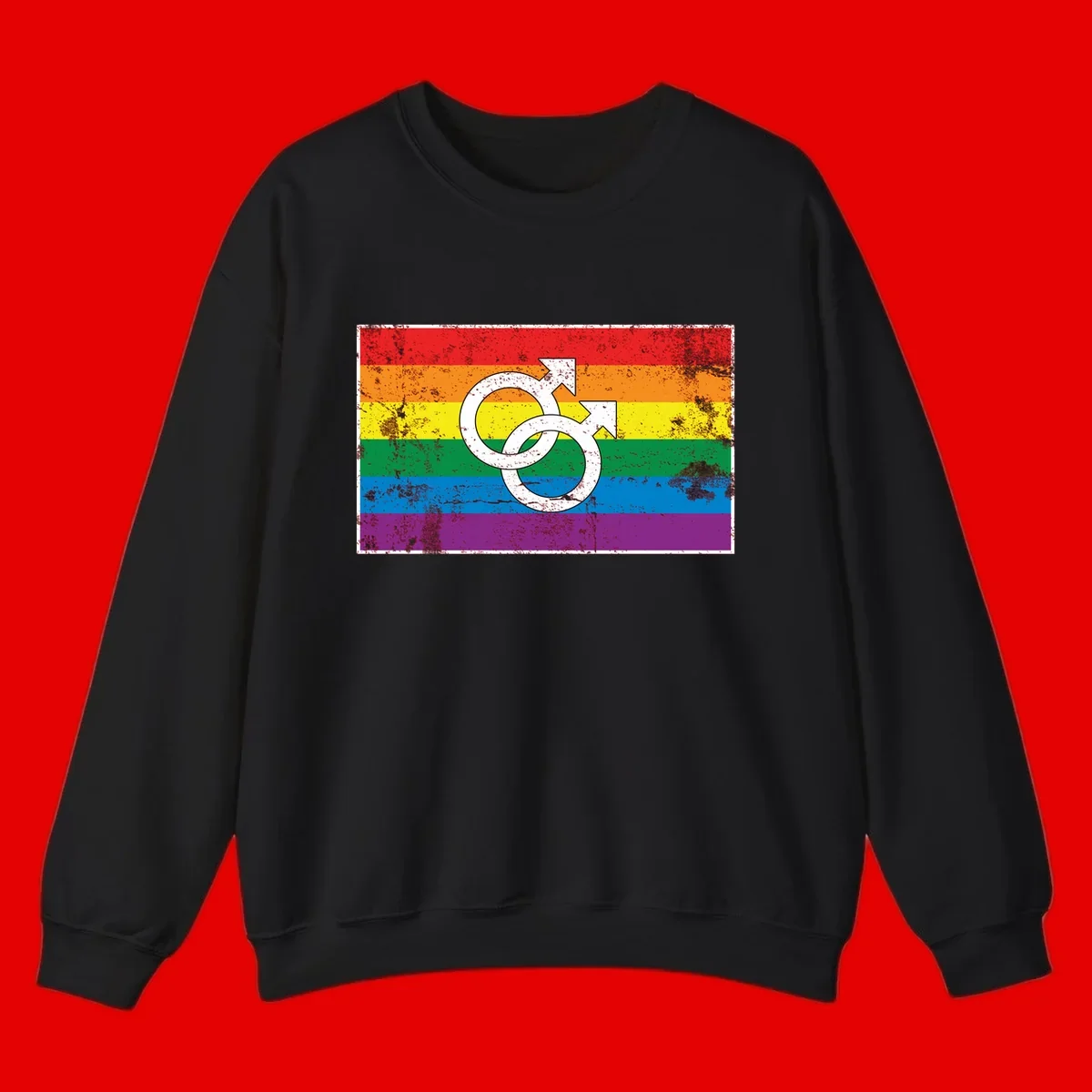 Two interlocking white male symbols overlaid on a distressed rainbow pride flag with horizontal stripes