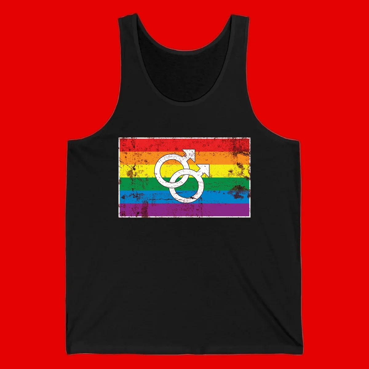 Two interlocking white male symbols overlaid on a distressed rainbow pride flag with horizontal stripes