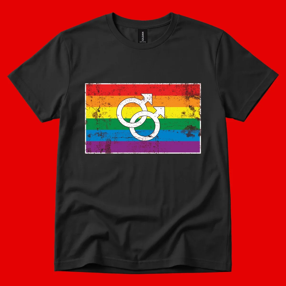 Two interlocking white male symbols overlaid on a distressed rainbow pride flag with horizontal stripes