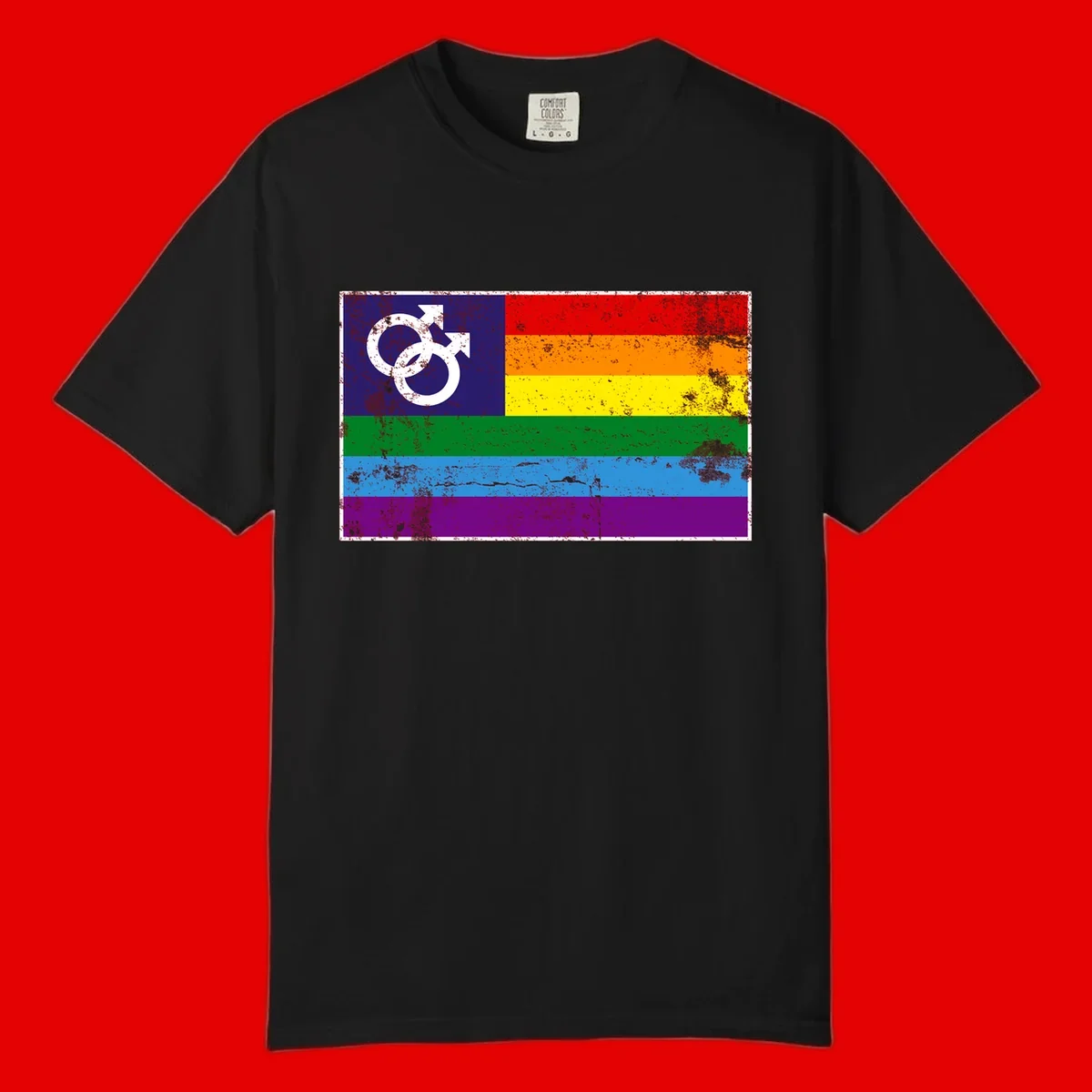 Distressed rainbow pride flag with interlocking male and female gender symbol in white on dark blue section