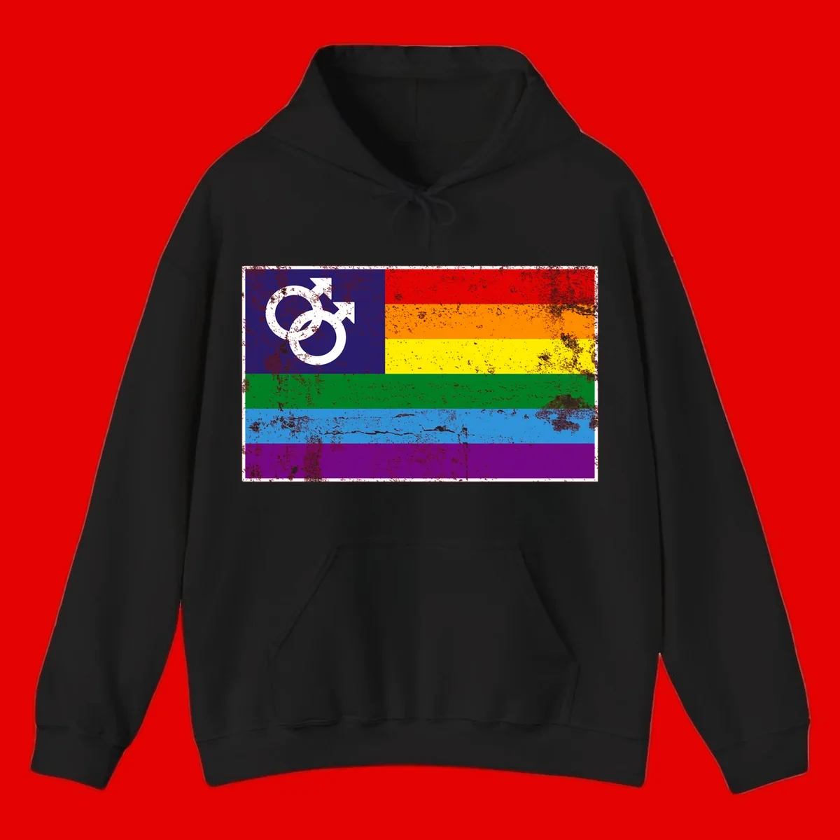 Distressed rainbow pride flag with interlocking male and female gender symbol in white on dark blue section