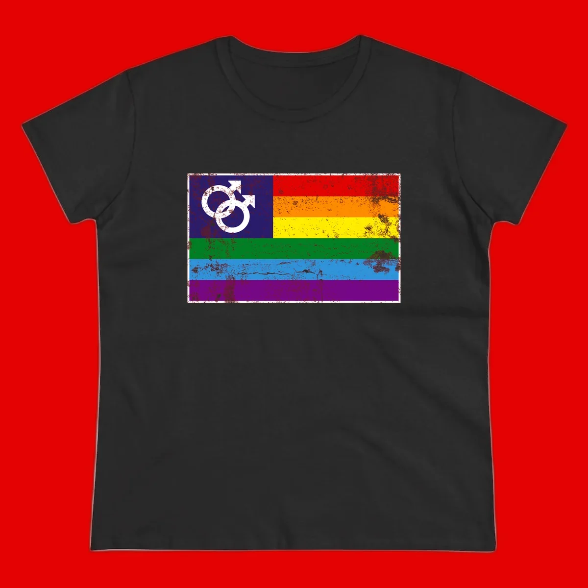 Distressed rainbow pride flag with interlocking male and female gender symbol in white on dark blue section
