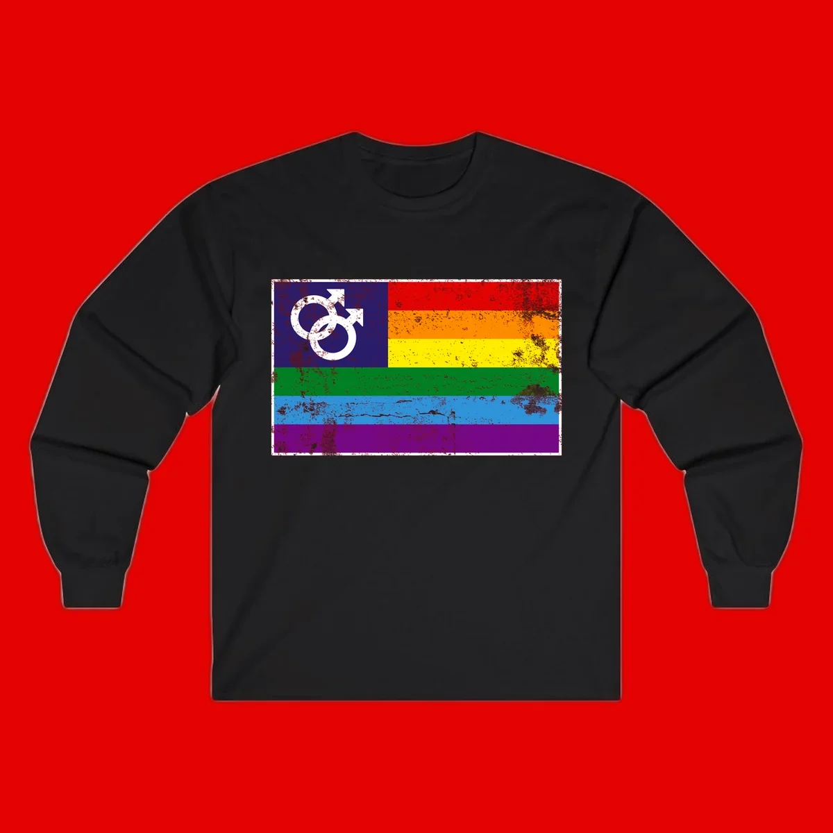 Distressed rainbow pride flag with interlocking male and female gender symbol in white on dark blue section