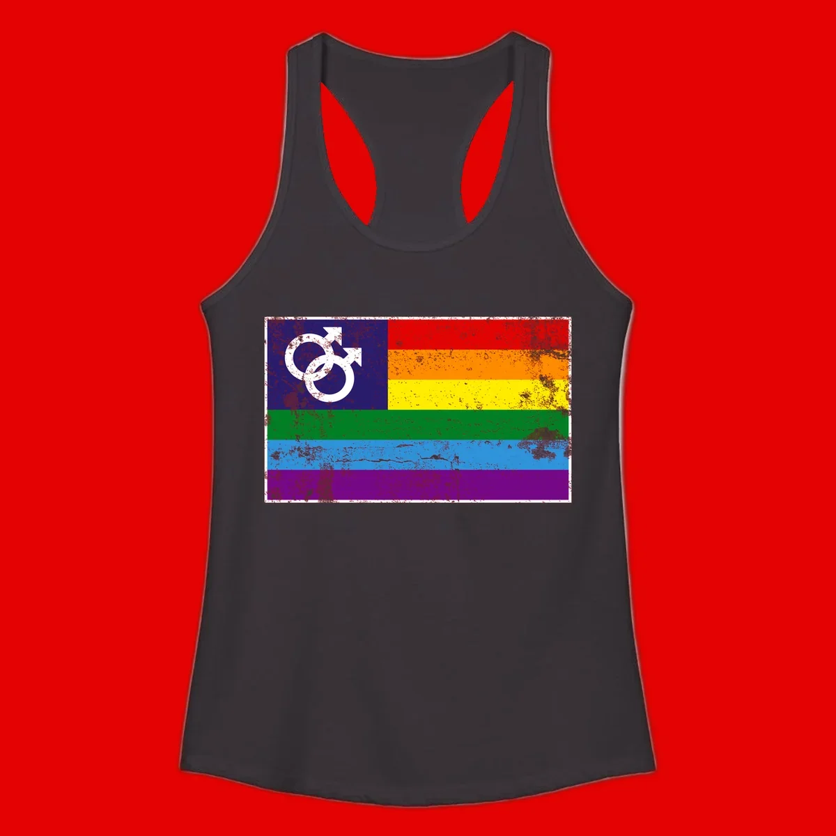 Distressed rainbow pride flag with interlocking male and female gender symbol in white on dark blue section