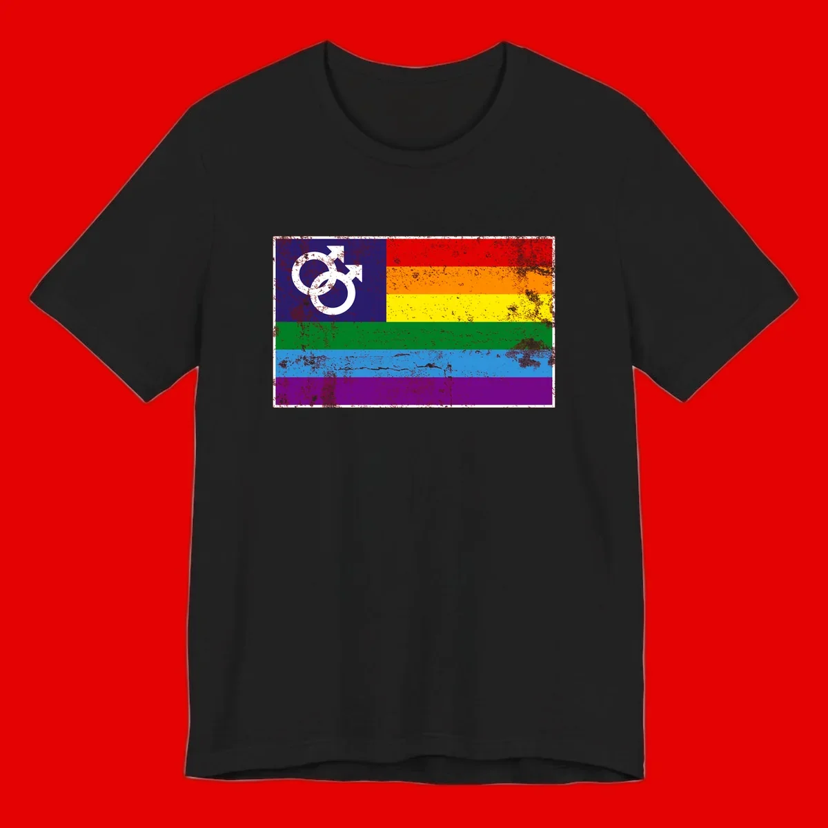 Distressed rainbow pride flag with interlocking male and female gender symbol in white on dark blue section