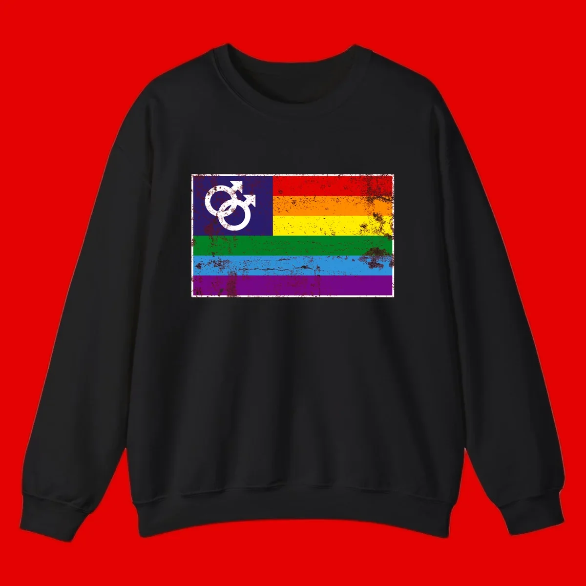 Distressed rainbow pride flag with interlocking male and female gender symbol in white on dark blue section