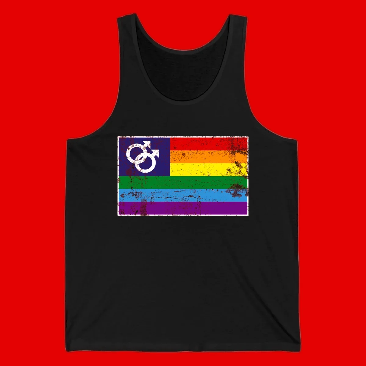 Distressed rainbow pride flag with interlocking male and female gender symbol in white on dark blue section