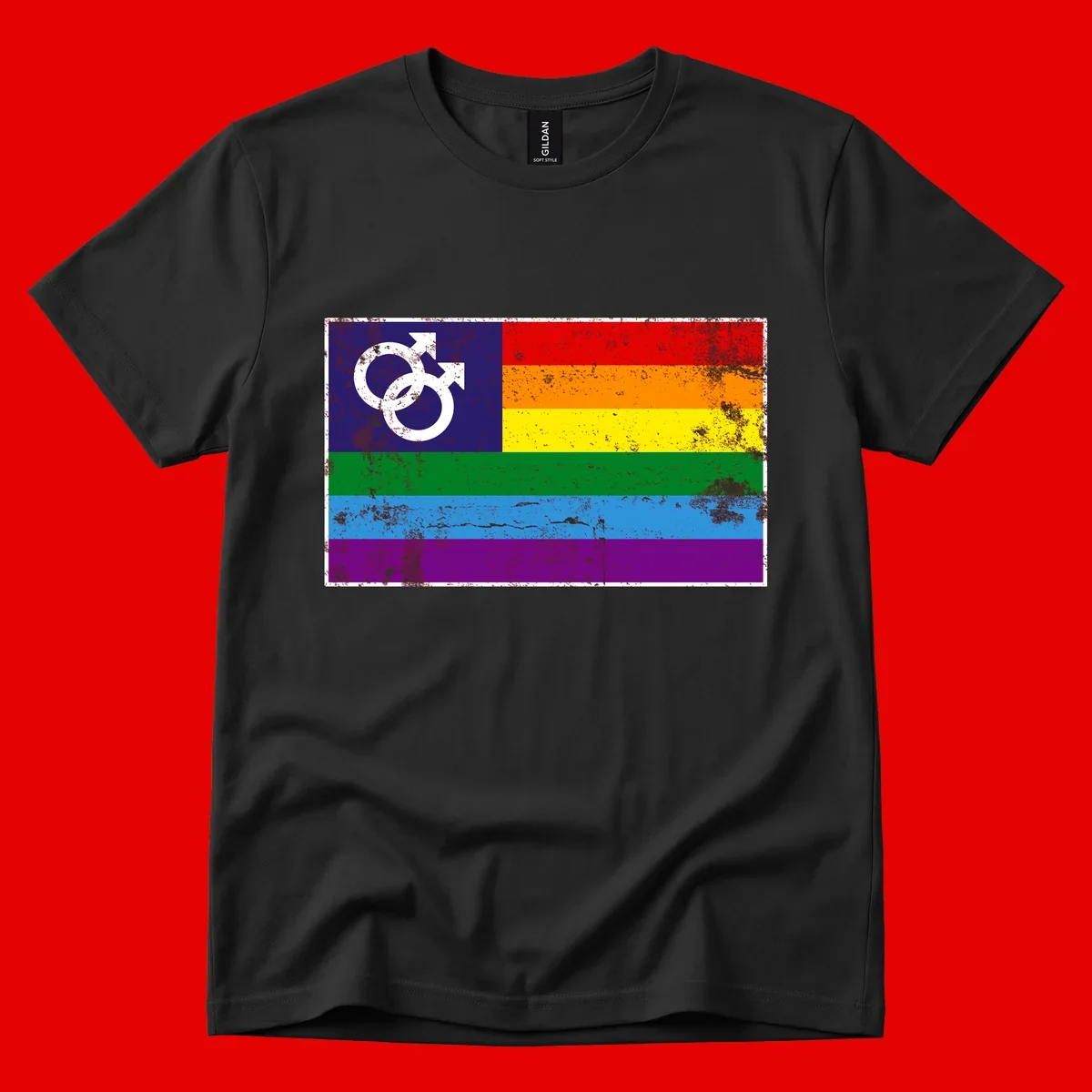 Distressed rainbow pride flag with interlocking male and female gender symbol in white on dark blue section
