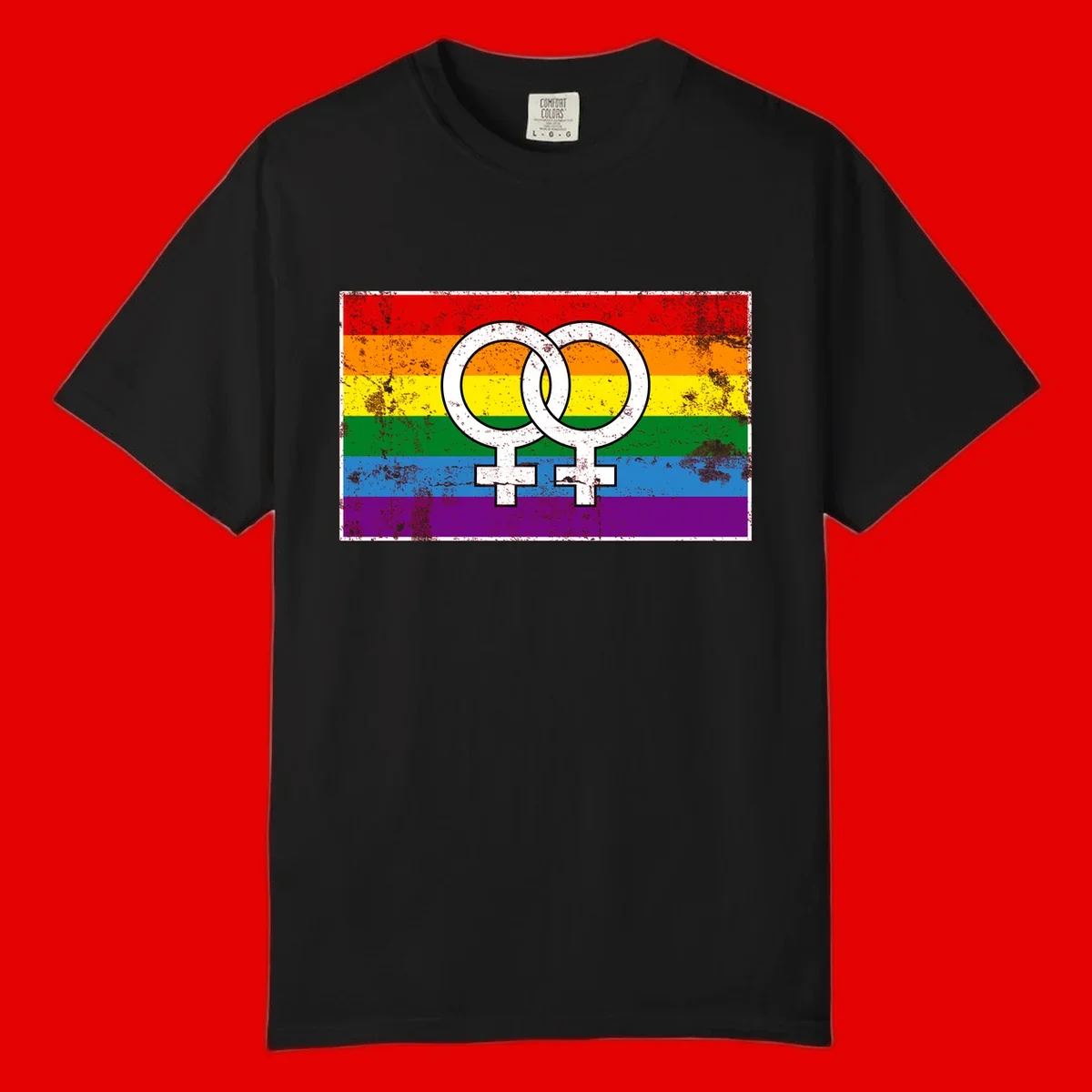 Two interlocking white female symbols on a distressed rainbow pride flag background representing lesbian pride and LGBTQ+ community