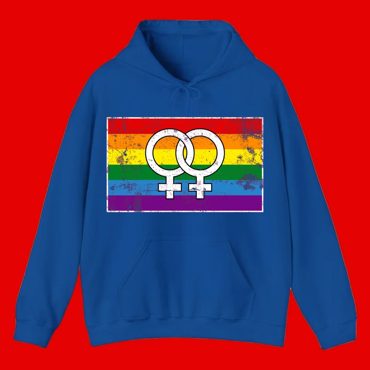 Two interlocking white female symbols on a distressed rainbow pride flag background representing lesbian pride and LGBTQ+ community