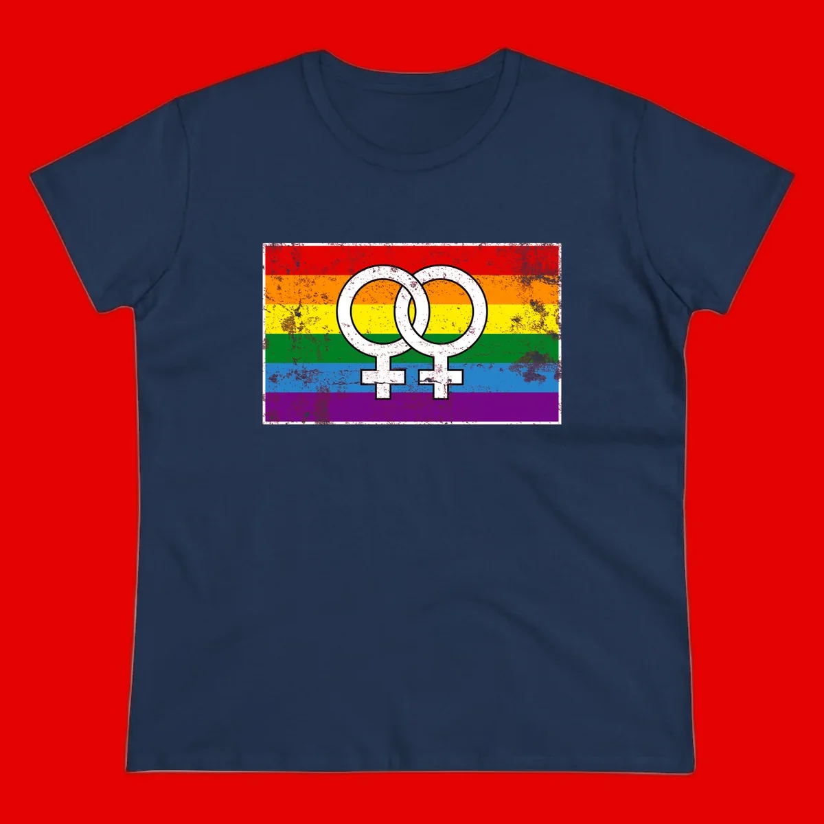 Two interlocking white female symbols on a distressed rainbow pride flag background representing lesbian pride and LGBTQ+ community