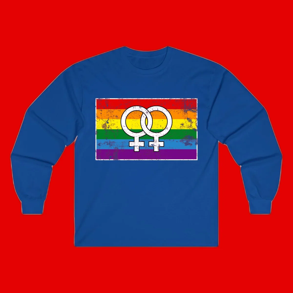 Two interlocking white female symbols on a distressed rainbow pride flag background representing lesbian pride and LGBTQ+ community