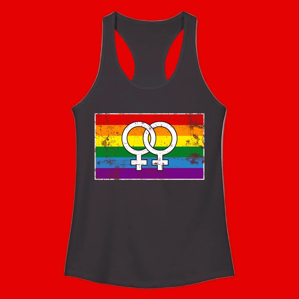 Two interlocking white female symbols on a distressed rainbow pride flag background representing lesbian pride and LGBTQ+ community