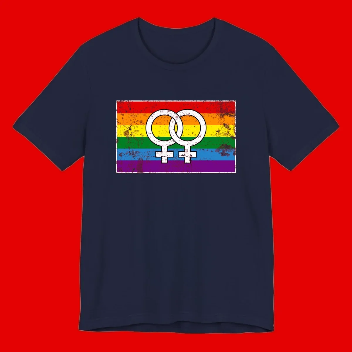 Two interlocking white female symbols on a distressed rainbow pride flag background representing lesbian pride and LGBTQ+ community