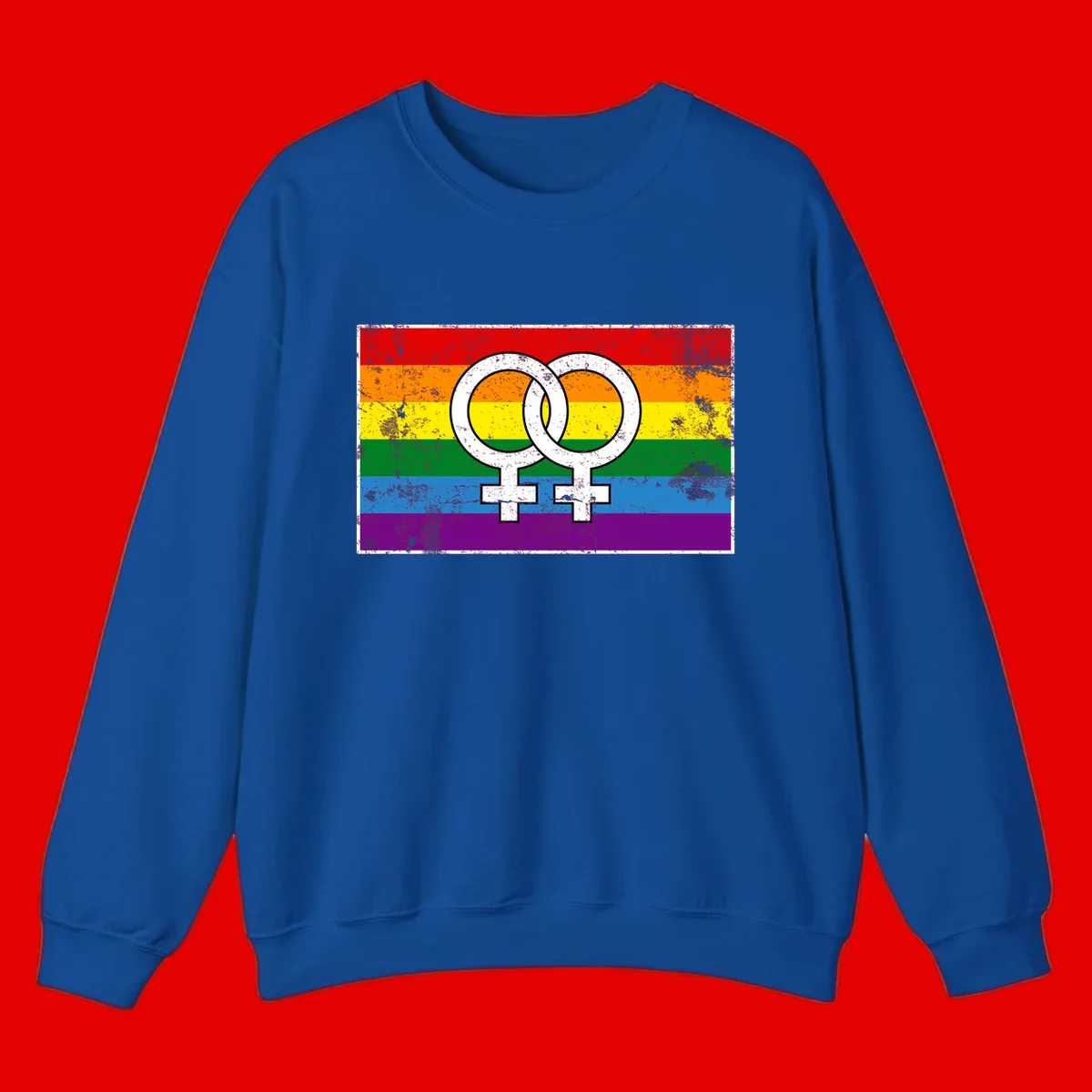 Two interlocking white female symbols on a distressed rainbow pride flag background representing lesbian pride and LGBTQ+ community