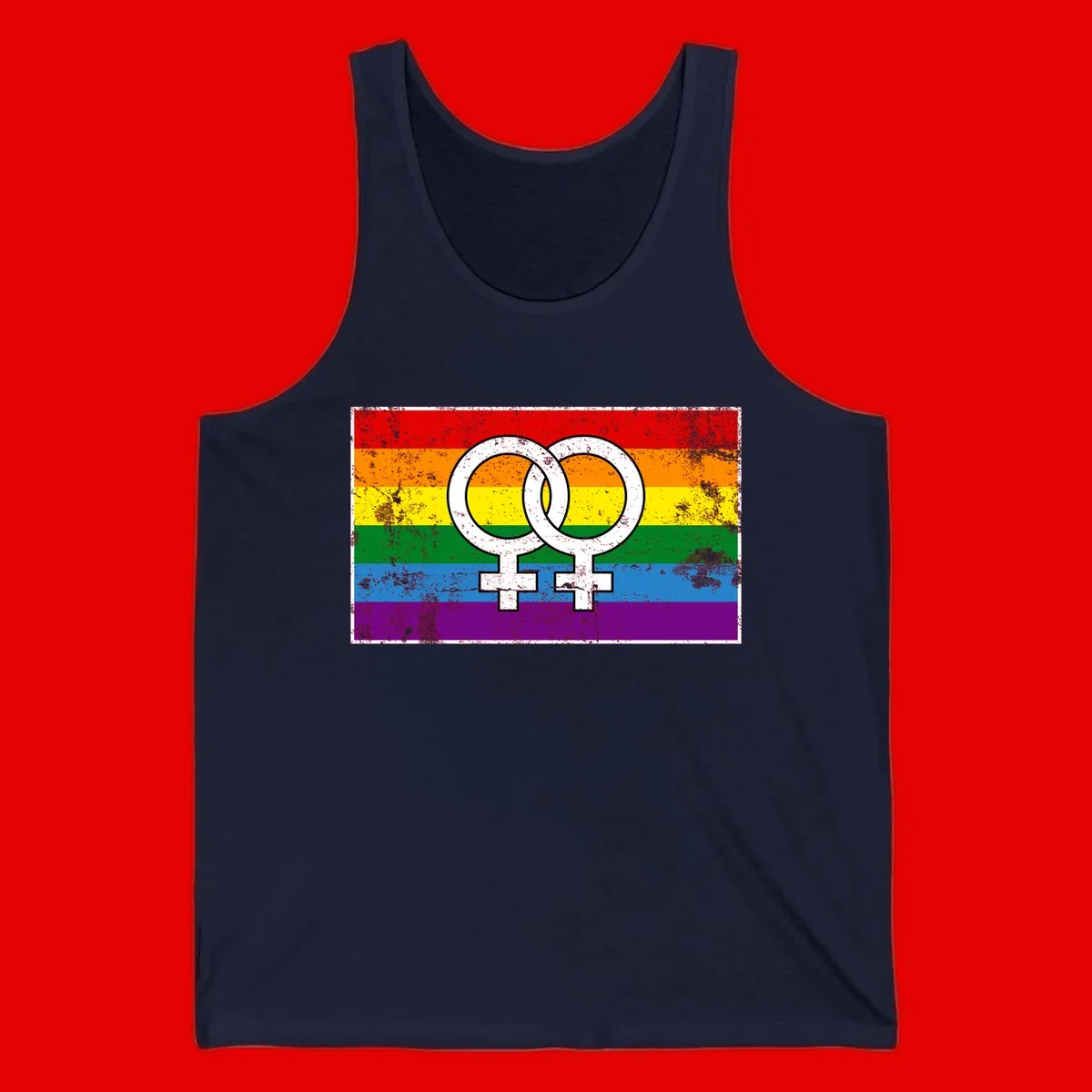 Two interlocking white female symbols on a distressed rainbow pride flag background representing lesbian pride and LGBTQ+ community