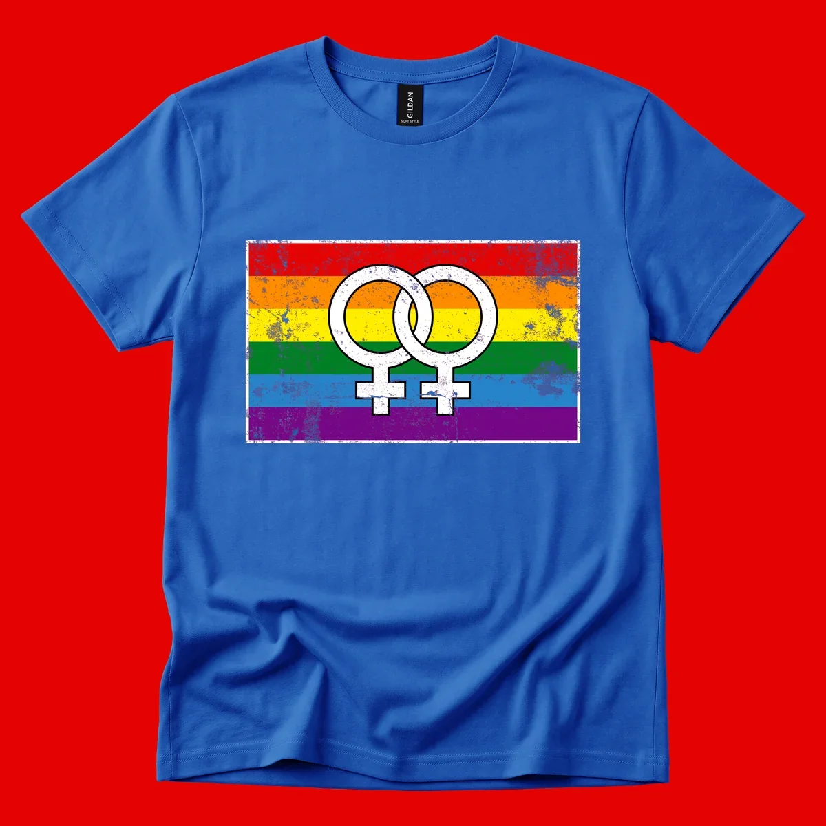 Two interlocking white female symbols on a distressed rainbow pride flag background representing lesbian pride and LGBTQ+ community