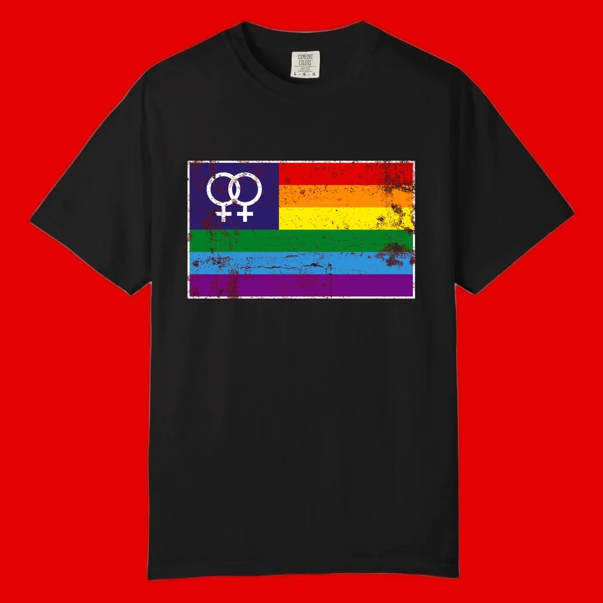 Lesbian pride flag with two interlocking female symbols on distressed background, rainbow stripes design