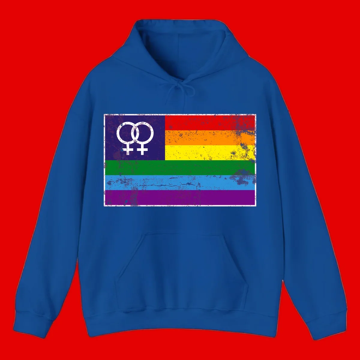 Lesbian pride flag with two interlocking female symbols on distressed background, rainbow stripes design