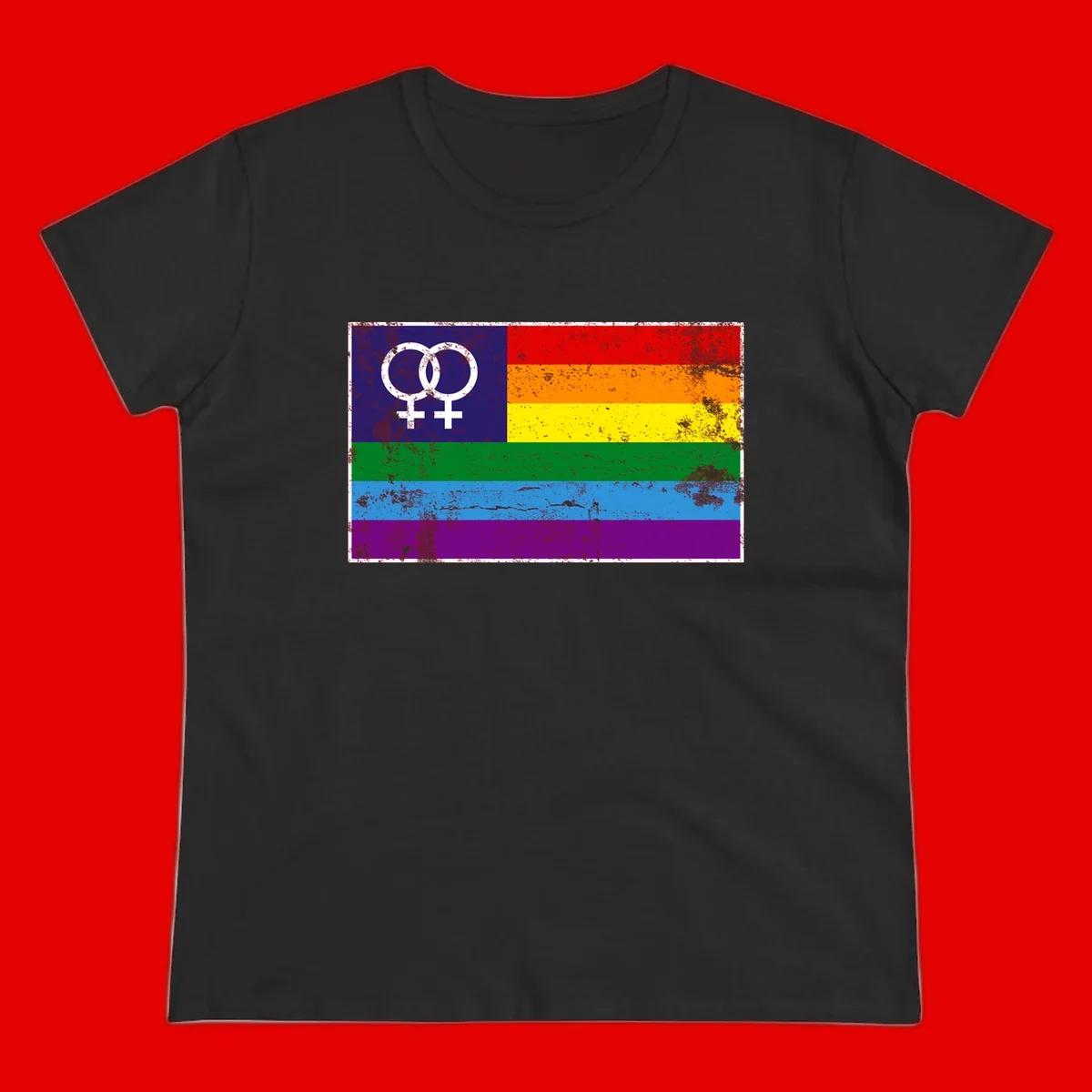 Lesbian pride flag with two interlocking female symbols on distressed background, rainbow stripes design