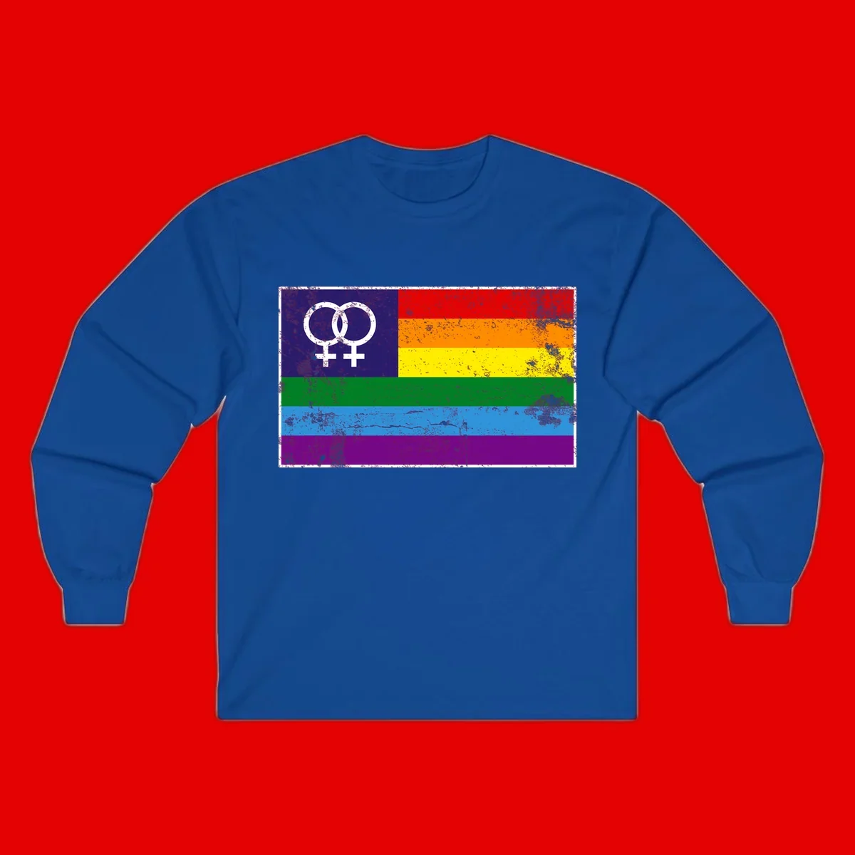 Lesbian pride flag with two interlocking female symbols on distressed background, rainbow stripes design