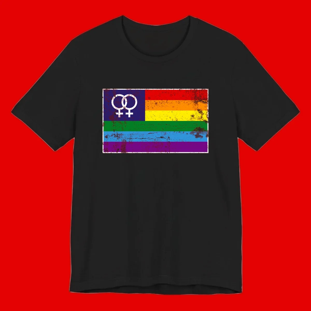 Lesbian pride flag with two interlocking female symbols on distressed background, rainbow stripes design