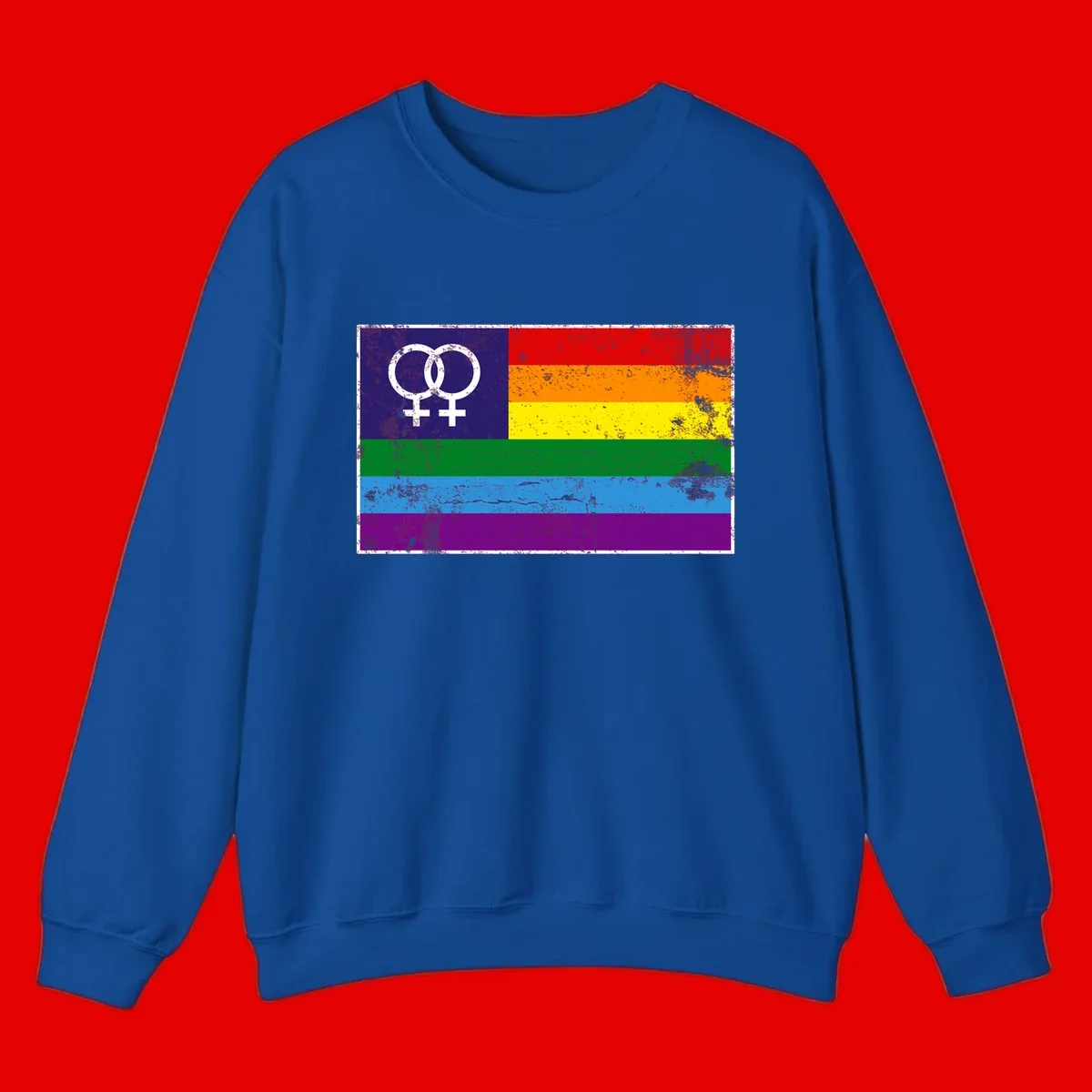 Lesbian pride flag with two interlocking female symbols on distressed background, rainbow stripes design