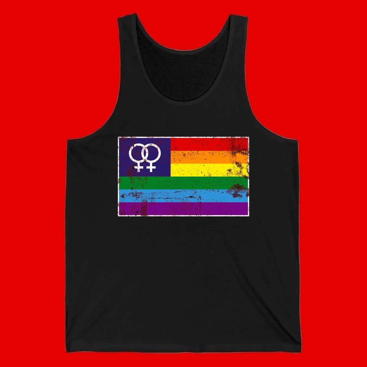 Lesbian pride flag with two interlocking female symbols on distressed background, rainbow stripes design