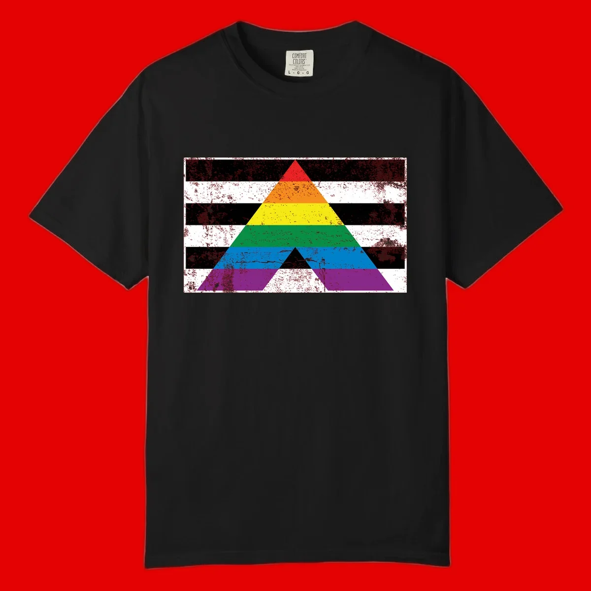 Rainbow pride pyramid with horizontal stripes on distressed black and white background