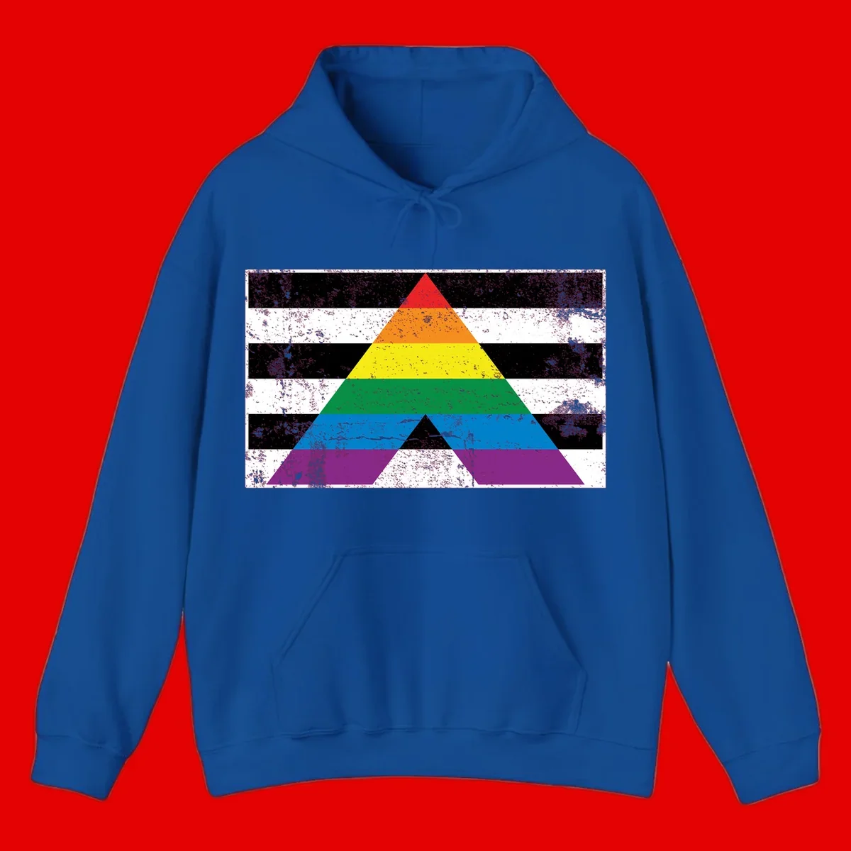 Rainbow pride pyramid with horizontal stripes on distressed black and white background