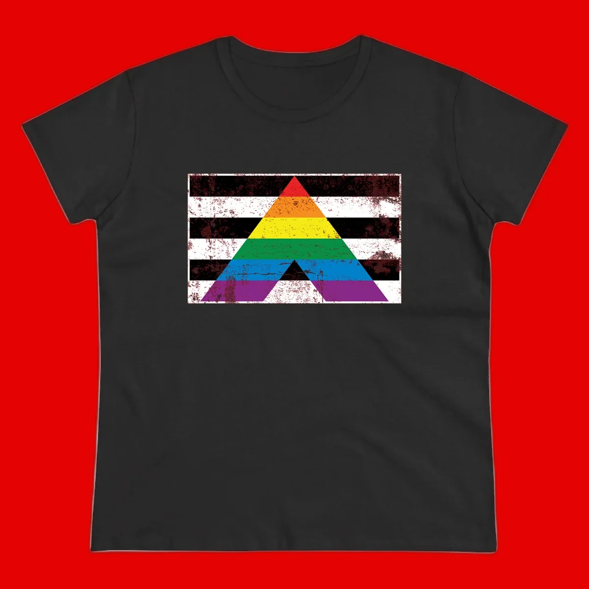 Rainbow pride pyramid with horizontal stripes on distressed black and white background