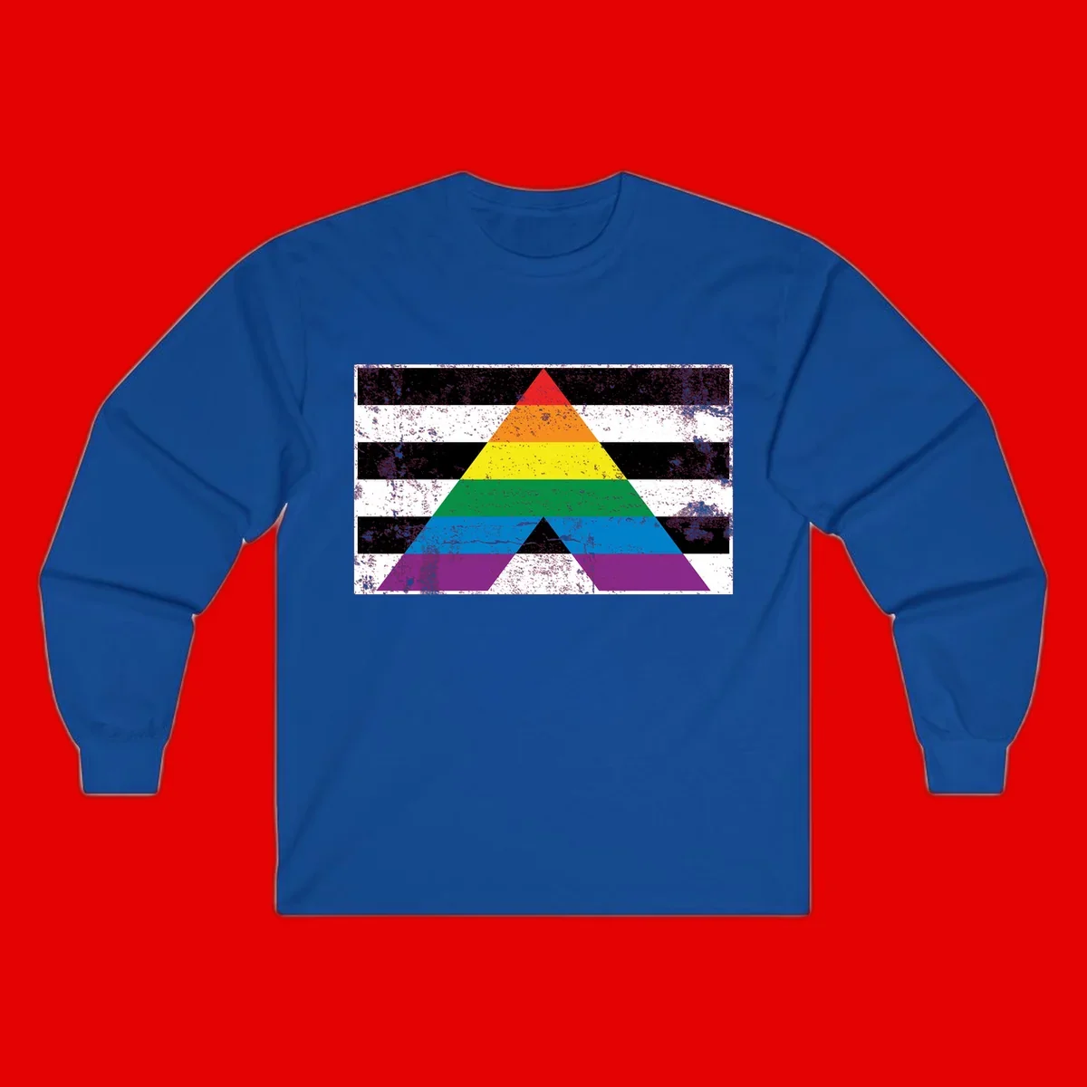Rainbow pride pyramid with horizontal stripes on distressed black and white background