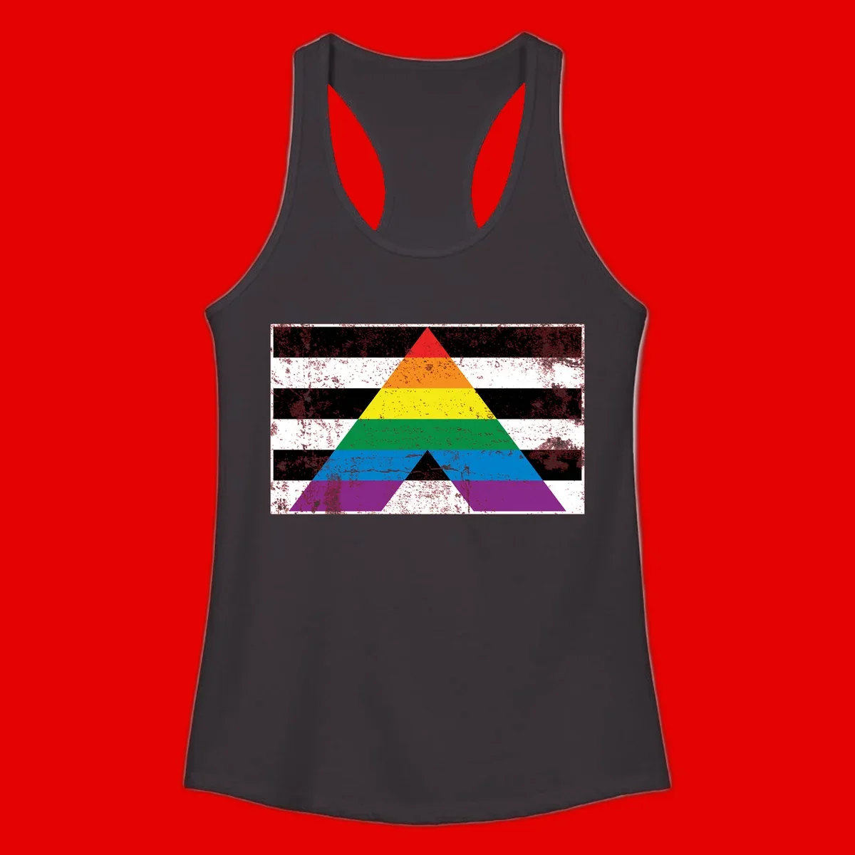 Rainbow pride pyramid with horizontal stripes on distressed black and white background