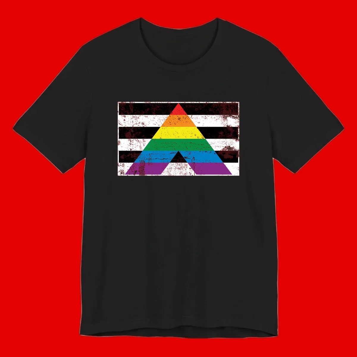 Rainbow pride pyramid with horizontal stripes on distressed black and white background