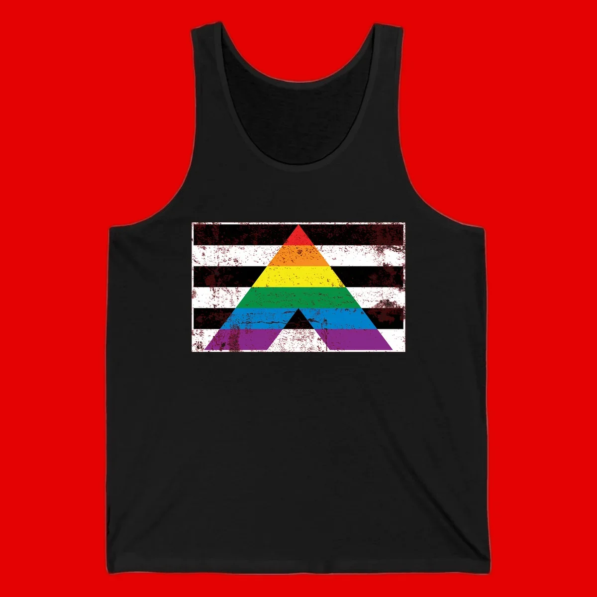 Rainbow pride pyramid with horizontal stripes on distressed black and white background