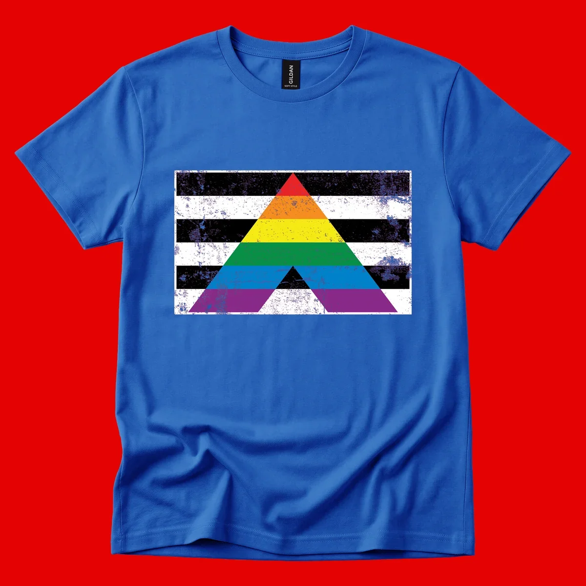 Rainbow pride pyramid with horizontal stripes on distressed black and white background