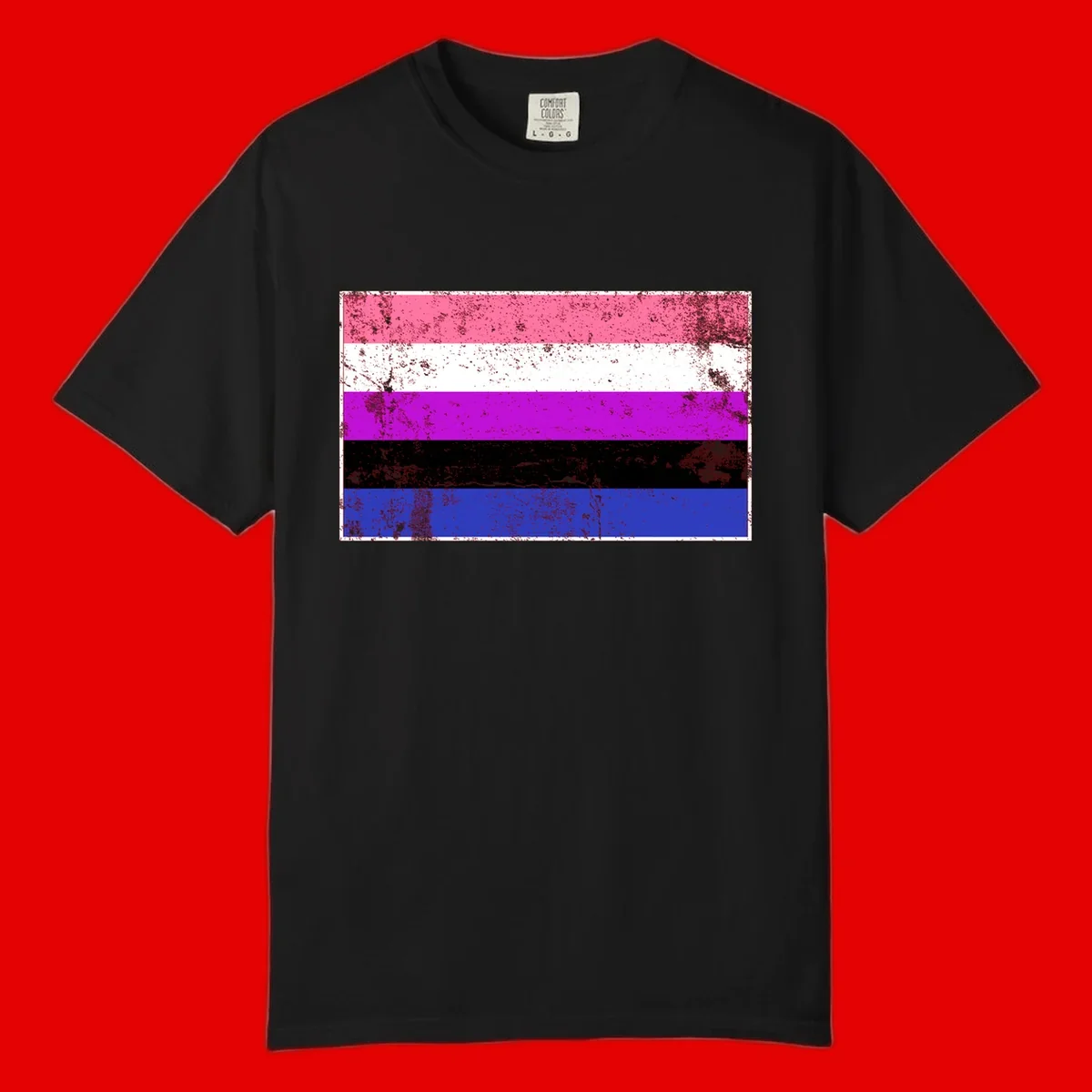 Genderqueer pride flag with horizontal stripes in hot pink, white, magenta, black, and blue featuring distressed grunge texture