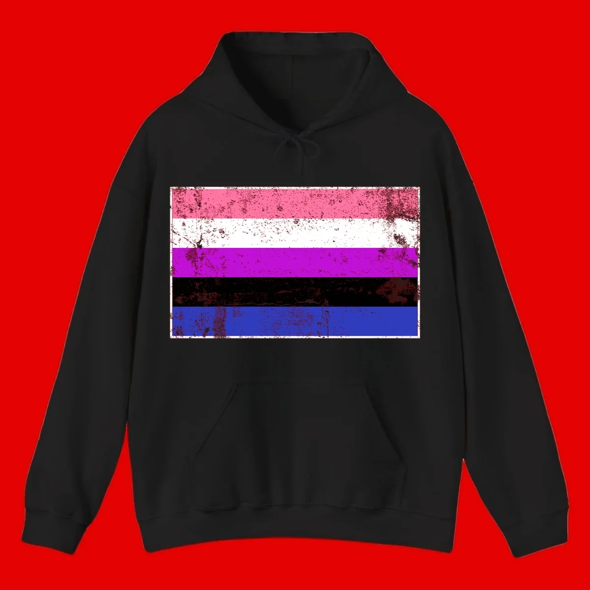Genderqueer pride flag with horizontal stripes in hot pink, white, magenta, black, and blue featuring distressed grunge texture