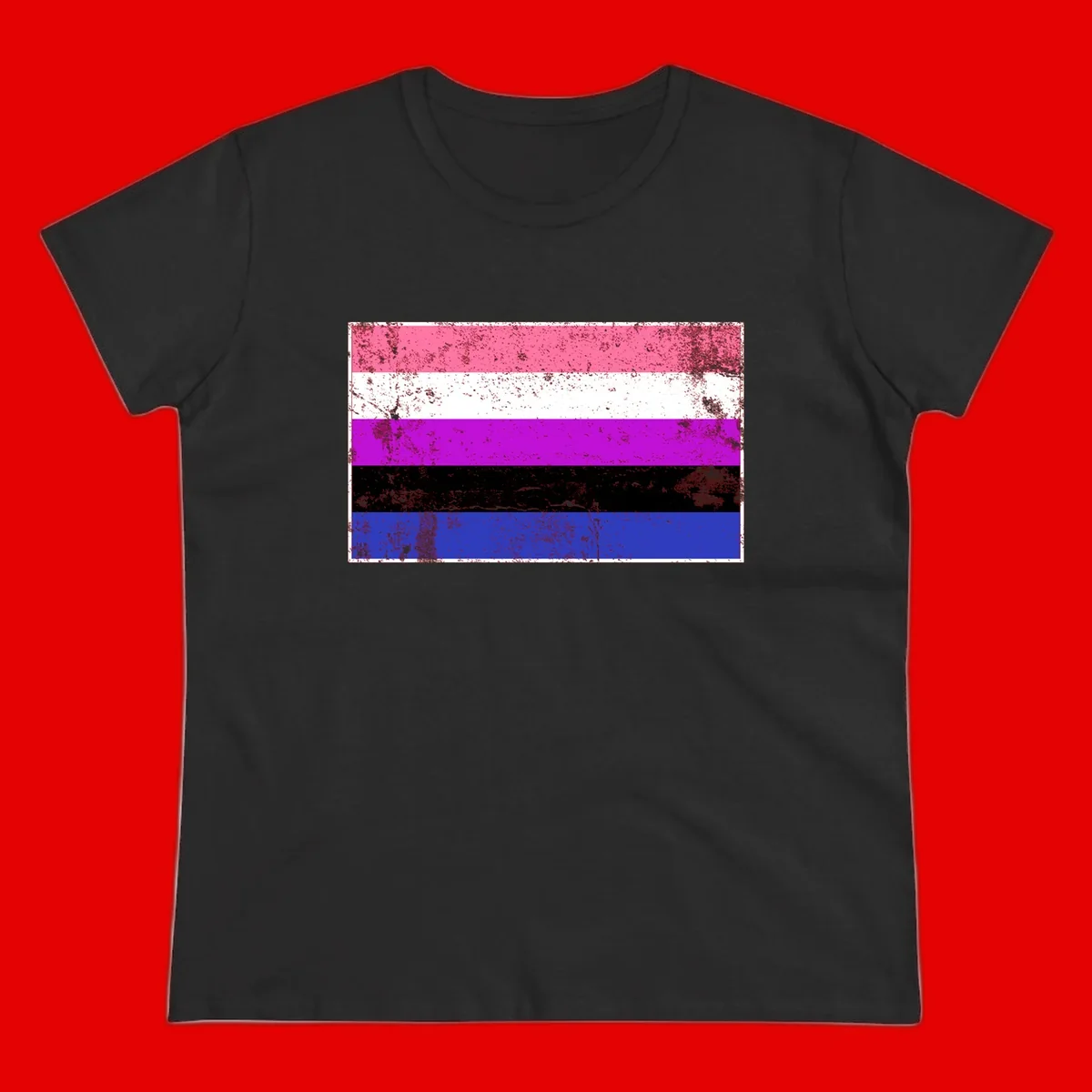 Genderqueer pride flag with horizontal stripes in hot pink, white, magenta, black, and blue featuring distressed grunge texture