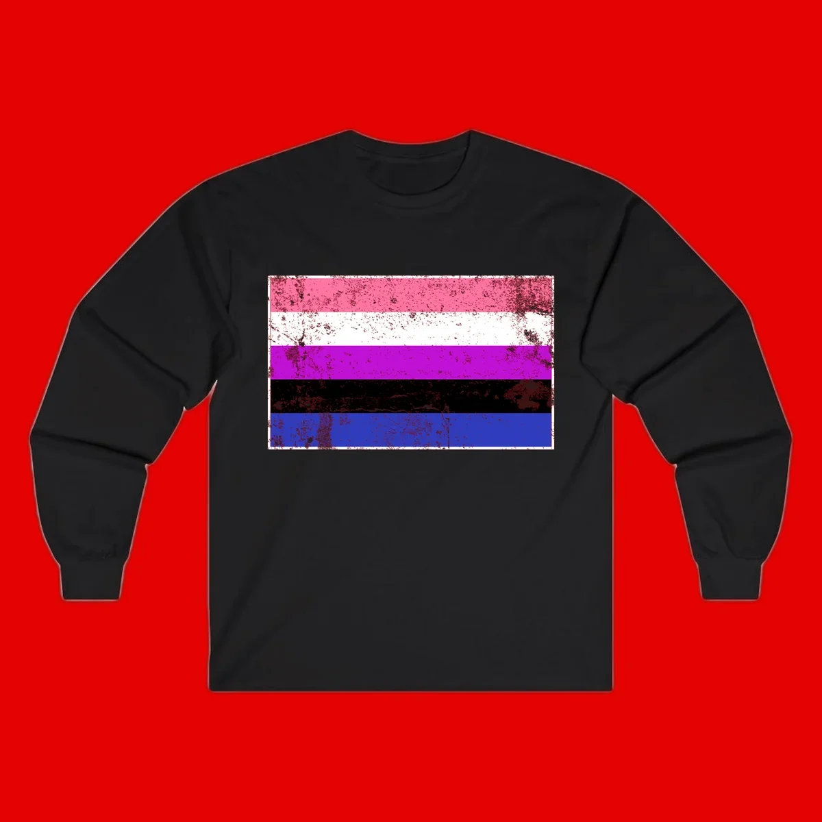 Genderqueer pride flag with horizontal stripes in hot pink, white, magenta, black, and blue featuring distressed grunge texture