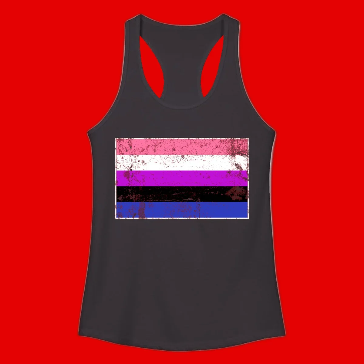 Genderqueer pride flag with horizontal stripes in hot pink, white, magenta, black, and blue featuring distressed grunge texture