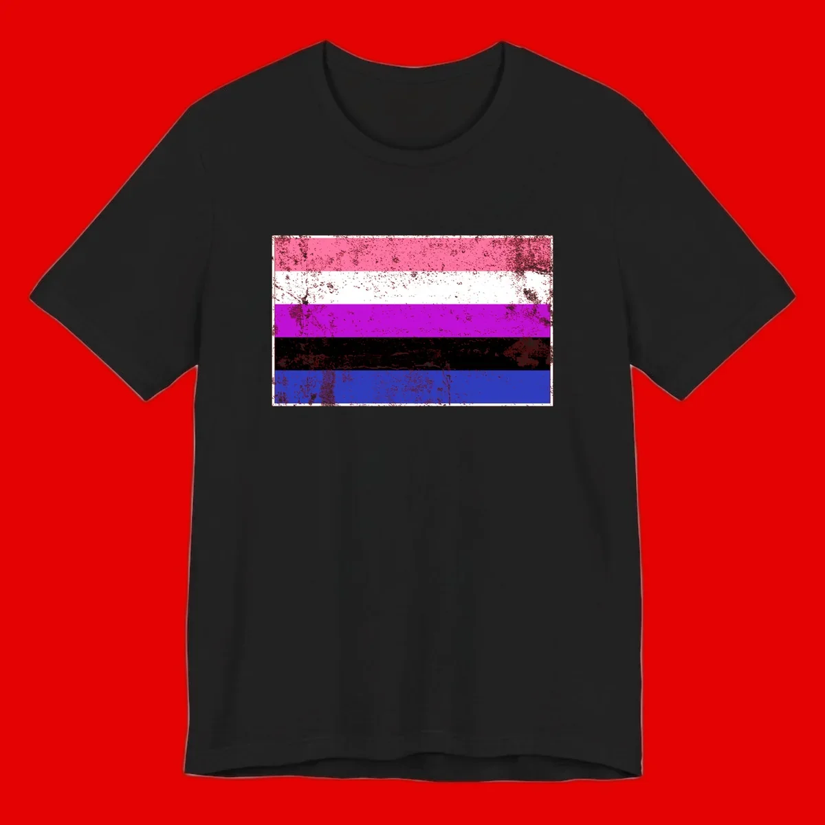 Genderqueer pride flag with horizontal stripes in hot pink, white, magenta, black, and blue featuring distressed grunge texture