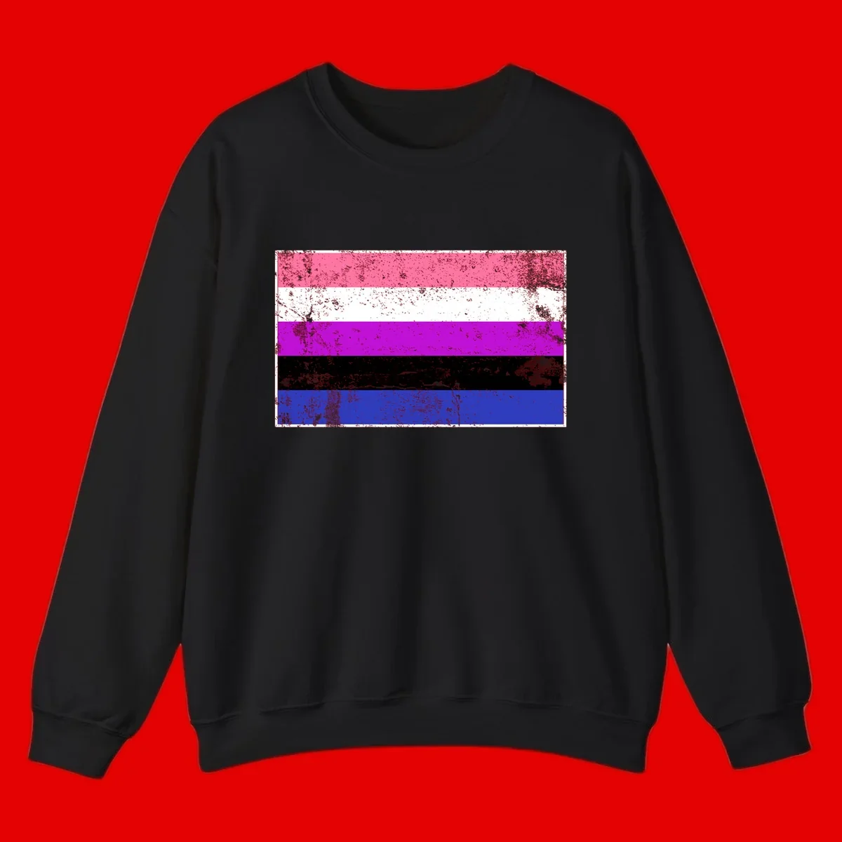 Genderqueer pride flag with horizontal stripes in hot pink, white, magenta, black, and blue featuring distressed grunge texture