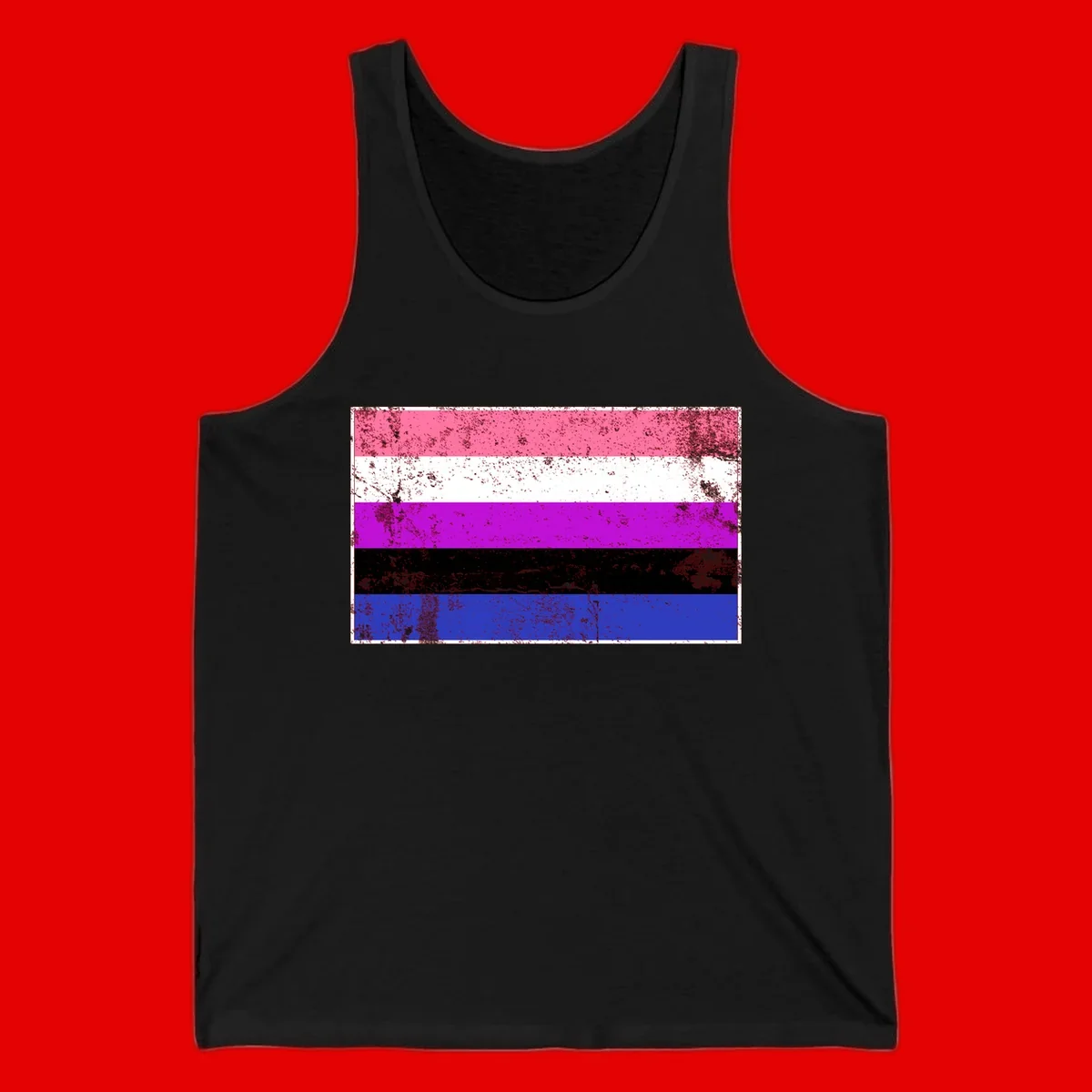 Genderqueer pride flag with horizontal stripes in hot pink, white, magenta, black, and blue featuring distressed grunge texture
